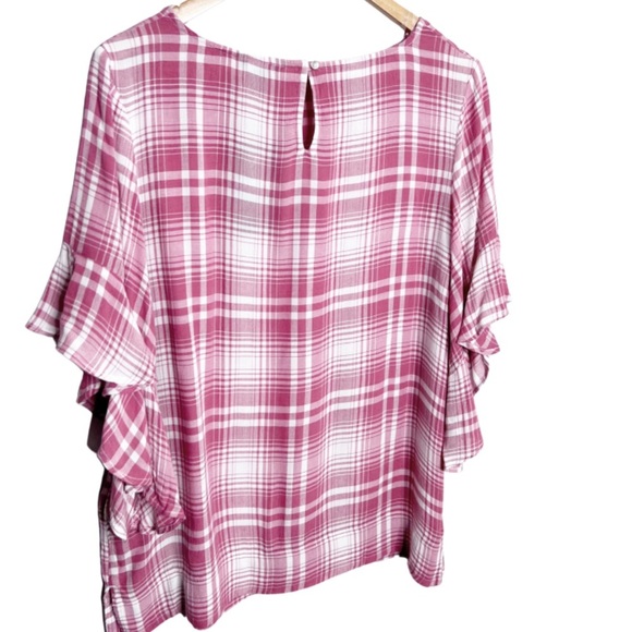 New with Tag Chaps Women’s Plaid Pink White Short Flutter Sleeve Ruffle Blouse - Picture 9 of 16